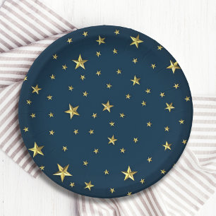 Navy Blue Gold 3D Stars Military Style Paper Plate