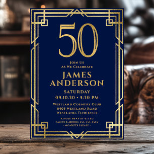 Navy Blue Gold 50th Birthday Photo Invitation