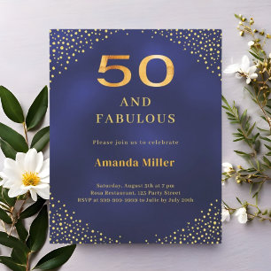 Navy blue gold 50th fabulous birthday invitation