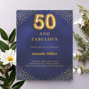 Navy blue gold 50th fabulous birthday invitation