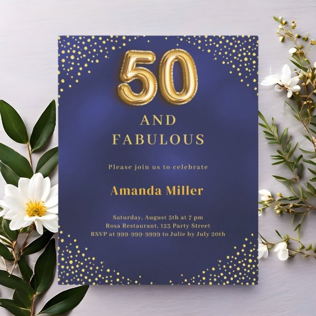 Navy blue gold 50th fabulous birthday invitation (Creator Uploaded)