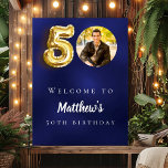 Navy blue gold 50th photo birthday party welcome poster<br><div class="desc">A welcome poster for a 50th birthday party. A navy blue uneven coloured background. Personalise and add a name and photo.</div>