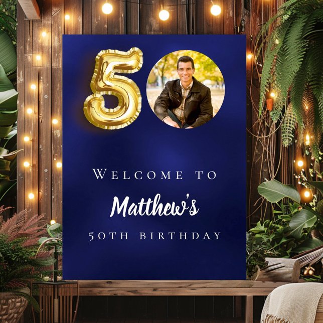 Navy blue gold 50th photo birthday party welcome poster (Creator Uploaded)