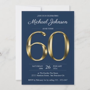 Navy Blue Gold 60th Birthday Invitation