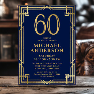 Navy Blue Gold 60th Birthday Photo Invitation