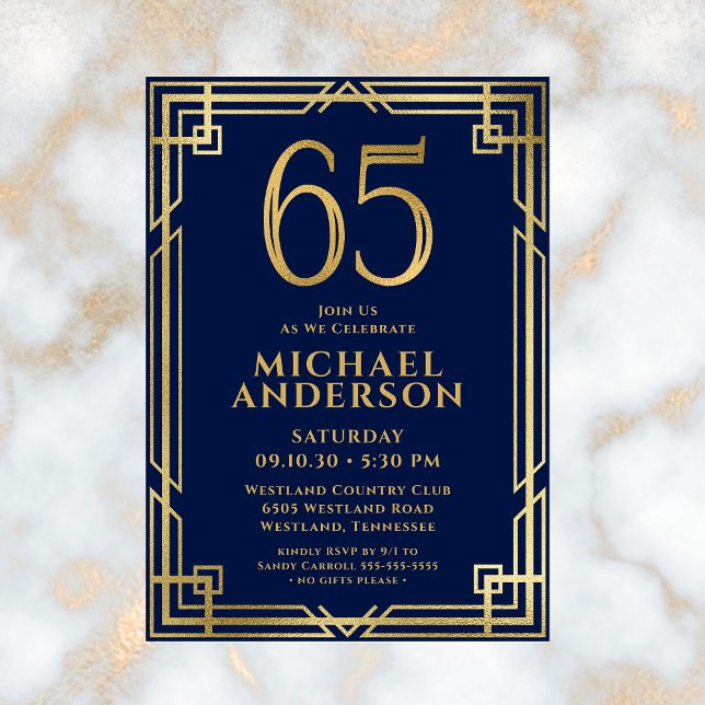 Navy Blue Gold 65th Birthday Photo Invitation (Creator Uploaded)