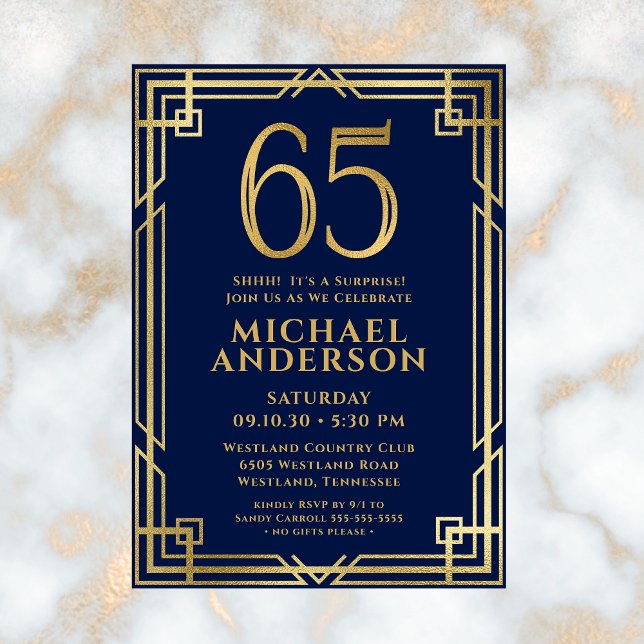 Navy Blue Gold 65th Birthday Photo Surprise Party Invitation (Creator Uploaded)