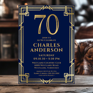 Navy Blue Gold 70th Birthday Photo Invitation