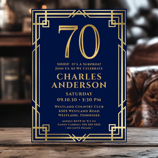 Navy Blue Gold 70th Birthday Photo Surprise Party Invitation (Creator Uploaded)