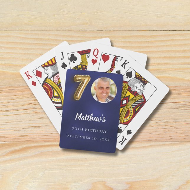 Navy blue gold 70th photo birthday party playing cards (Creator Uploaded)