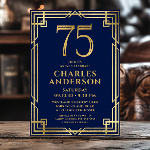 Navy Blue Gold 75th Birthday Photo Invitation
