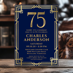 Navy Blue Gold 75th Birthday Photo Surprise Party Invitation