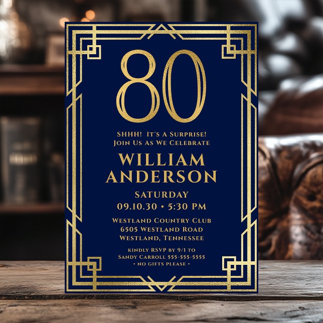 Navy Blue Gold 80th Birthday Photo Surprise Party Invitation (Creator Uploaded)