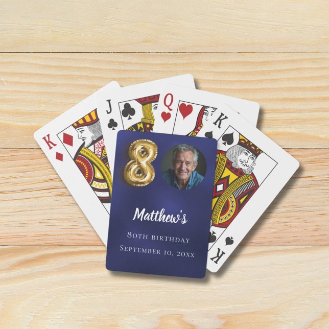 Navy blue gold 80th photo birthday party playing cards (Creator Uploaded)