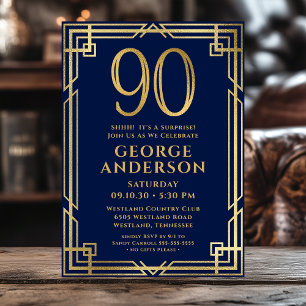Navy Blue Gold 90th Birthday Photo Surprise Party Invitation