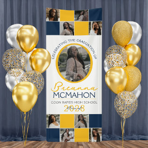 Navy Blue & Gold 9 Photo Collage Graduation Vinyl Banner