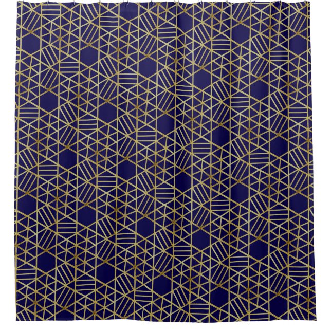 Navy Blue & Gold Abstract Geometric Pattern Luxury Shower Curtain (Front)