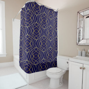 Navy Blue & Gold Abstract Geometric Pattern Luxury Shower Curtain