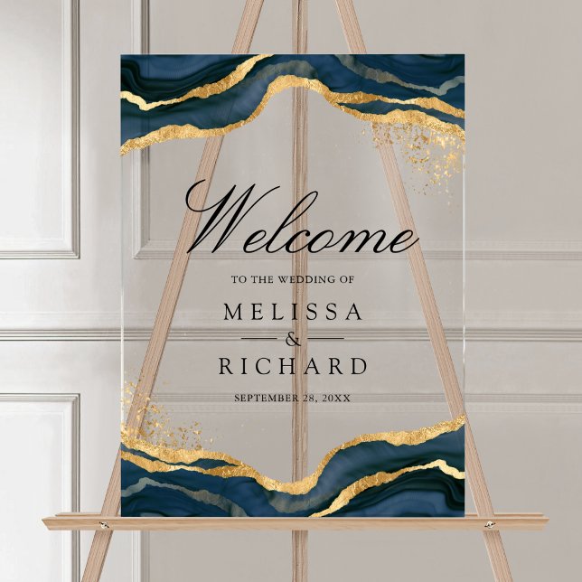 Navy Blue Gold Abstract Ink Wedding Welcome Acrylic Sign (Creator Uploaded)