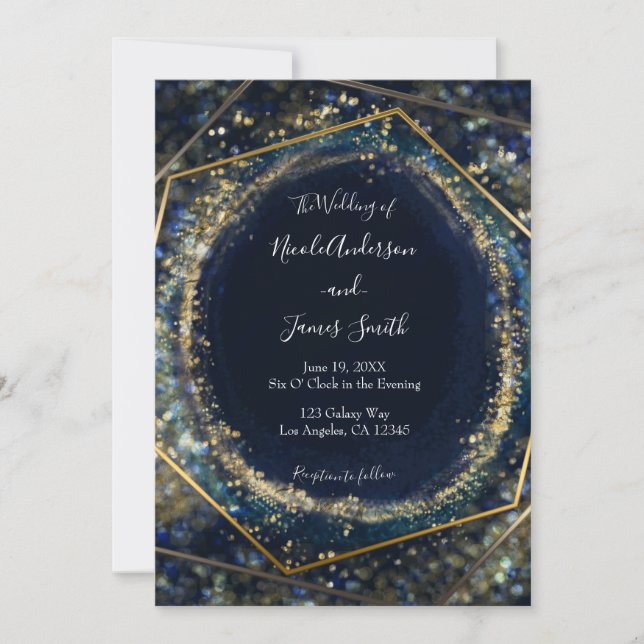 Navy Blue Gold Abstract Lights Geometric Wedding Invitation (Front)
