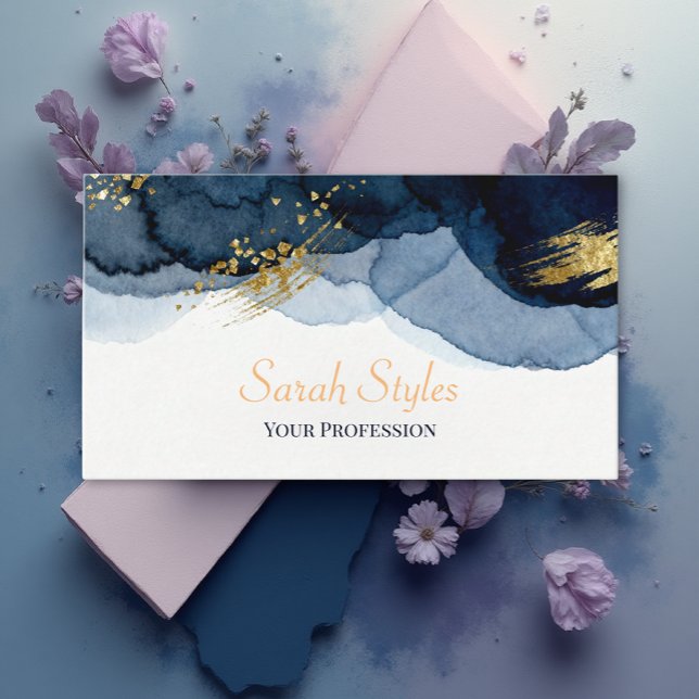 Navy Blue & Gold Abstract Watercolor  Business Card (Creator Uploaded)