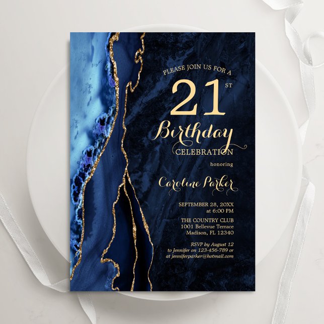 Navy Blue Gold Agate 21st  Birthday Invitation (Creator Uploaded)