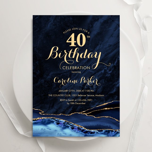 Navy Blue Gold Agate 40th Birthday Invitation (Creator Uploaded)