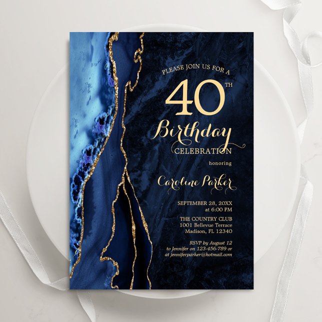 Navy Blue Gold Agate 40th Birthday Invitation (Creator Uploaded)