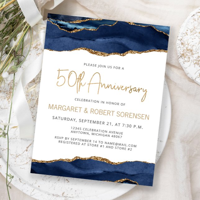 Navy Blue Gold Agate 50th Anniversary Invitation Postcard (Creator Uploaded)