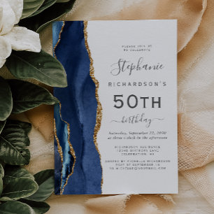 Navy Blue Gold Agate 50th Birthday Party Invitation