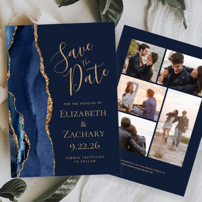 Navy Blue Gold Agate 5-Photo Save The Date (Creator Uploaded)