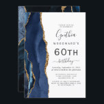 Navy Blue Gold Agate 60th Birthday Party Invitation<br><div class="desc">The left-hand edge of this elegant modern birthday party invitation features a navy blue watercolor agate border trimmed with gold faux glitter. The customisable text combines charcoal grey handwriting,  copperplate and italic fonts on a white background. The reverse side features a matching blue and gold agate design.</div>