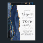 Navy Blue Gold Agate 70th Birthday Party Invitation<br><div class="desc">The left-hand edge of this elegant modern birthday party invitation features a navy blue watercolor agate border trimmed with gold faux glitter. The customisable text combines charcoal grey handwriting,  copperplate and italic fonts on a white background. The reverse side features a matching blue and gold agate design.</div>
