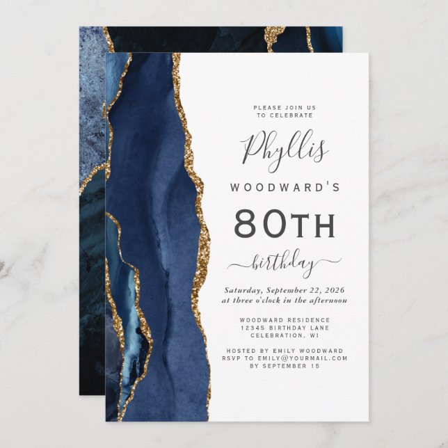 Navy Blue Gold Agate 80th Birthday Party Invitation (Front/Back)