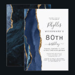 Navy Blue Gold Agate 80th Birthday Party Invitation<br><div class="desc">The left-hand edge of this elegant modern birthday party invitation features a navy blue watercolor agate border trimmed with gold faux glitter. The customisable text combines charcoal grey handwriting,  copperplate and italic fonts on a white background. The reverse side features a matching blue and gold agate design.</div>