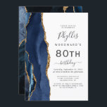 Navy Blue Gold Agate 80th Birthday Party Invitation<br><div class="desc">The left-hand edge of this elegant modern birthday party invitation features a navy blue watercolor agate border trimmed with gold faux glitter. The customisable text combines charcoal grey handwriting,  copperplate and italic fonts on a white background. The reverse side features a matching blue and gold agate design.</div>