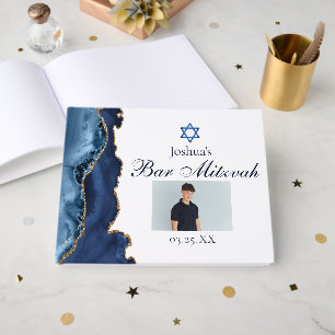 Navy Blue Gold Agate Bar Mitzvah Party Photo Guest Book