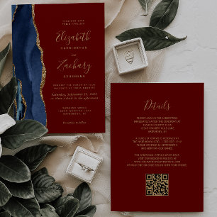 Navy Blue Gold Agate Burgundy QR Code Wedding Invitation