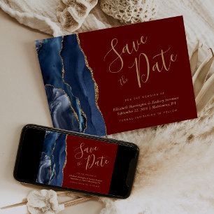 Navy Blue Gold Agate Burgundy Save the Date Invitation