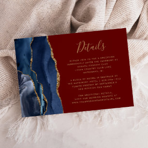 Navy Blue Gold Agate Burgundy Wedding Details Enclosure Card