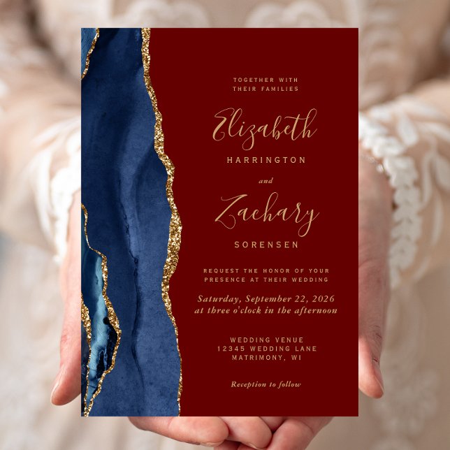 Navy Blue Gold Agate Burgundy Wedding Invitation (Creator Uploaded)