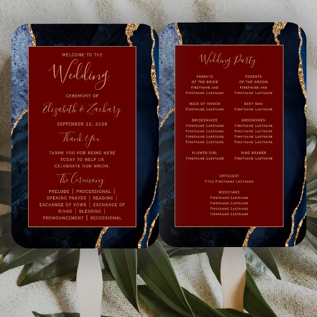 Navy Blue Gold Agate Burgundy Wedding Program Hand Fan (Creator Uploaded)