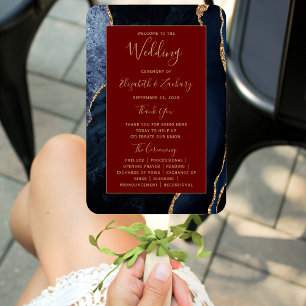 Navy Blue Gold Agate Burgundy Wedding Program Hand Fan