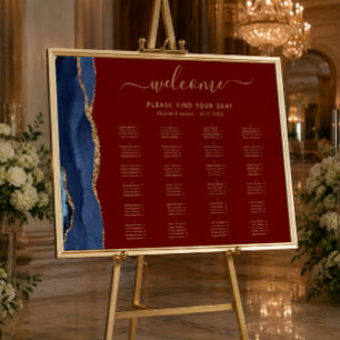 Navy Blue Gold Agate Burgundy Wedding Seating Poster
