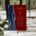Navy Blue Gold Agate Burgundy Wedding Table Number<br><div class="desc">The left-hand edge of this elegant modern wedding table number card features a navy blue watercolor agate border trimmed with faux gold glitter. The word "table" appears in gold-coloured handwriting script on a burgundy red background. Add the names of your guests who are assigned to each table.</div>