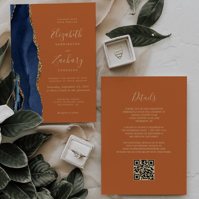 Navy Blue Gold Agate Burnt Orange QR Code Wedding Invitation (Creator Uploaded)