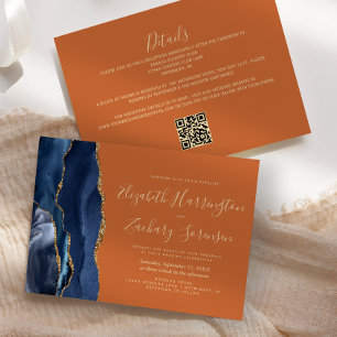 Navy Blue Gold Agate Burnt Orange QR Code Wedding Invitation