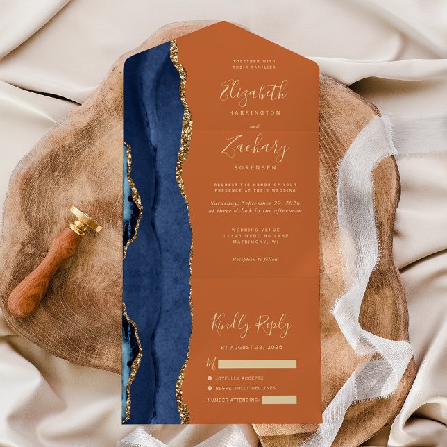 Navy Blue Gold Agate Burnt Orange Wedding All In One Invitation (Creator Uploaded)
