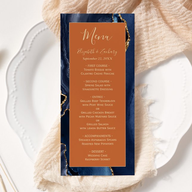 Navy Blue Gold Agate Burnt Orange Wedding Menu (Creator Uploaded)