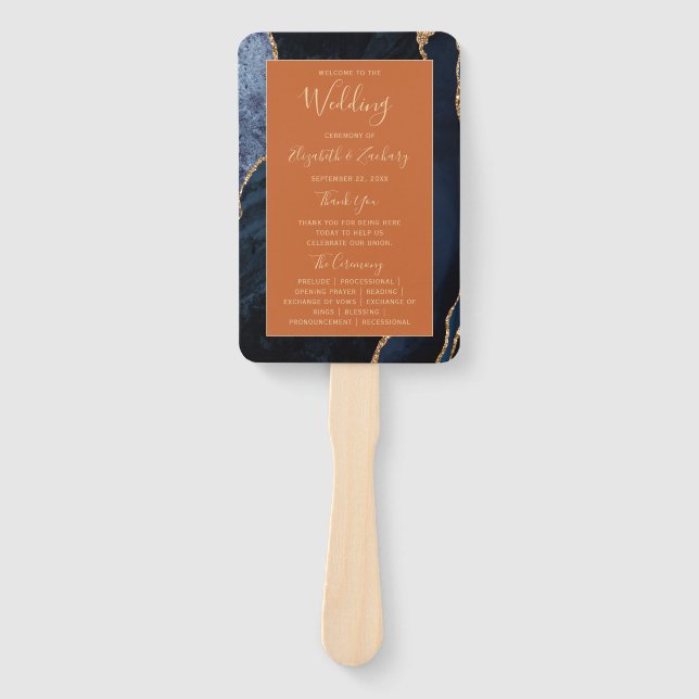 Navy Blue Gold Agate Burnt Orange Wedding Program Hand Fan (Front)